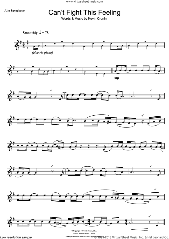 Can't Fight This Feeling sheet music for alto saxophone solo by REO Speedwagon and Kevin Cronin, intermediate skill level