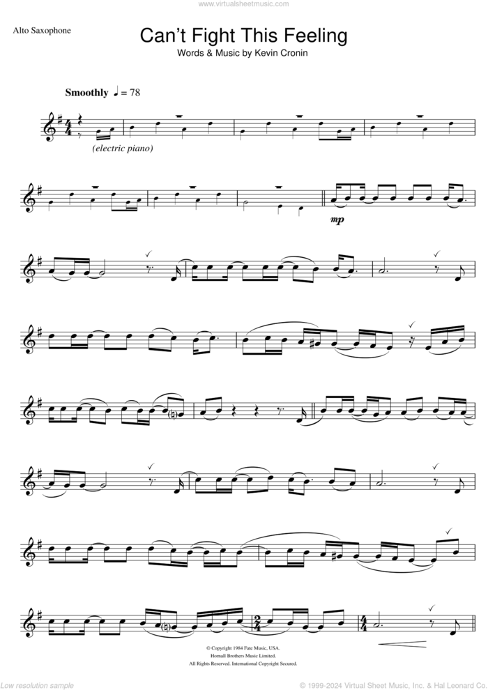 Can't Fight This Feeling sheet music for alto saxophone solo by REO Speedwagon and Kevin Cronin, intermediate skill level