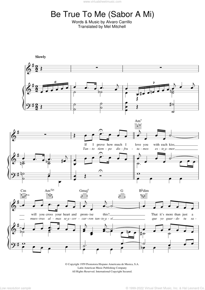 Sabor A Mi (Be True To Me) sheet music for voice, piano or guitar by Doris Day, Richerman Y Su Piano, Alvaro Carrillo and Mel Mitchell, intermediate skill level