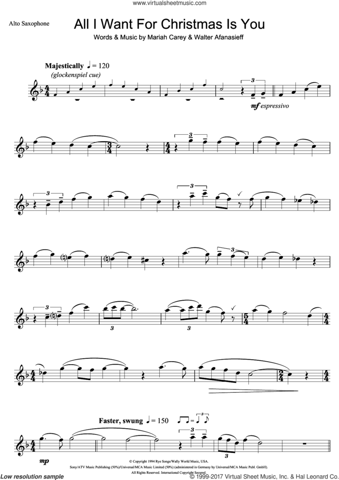 All I Want For Christmas Is You sheet music for alto saxophone solo by Mariah Carey and Walter Afanasieff, intermediate skill level