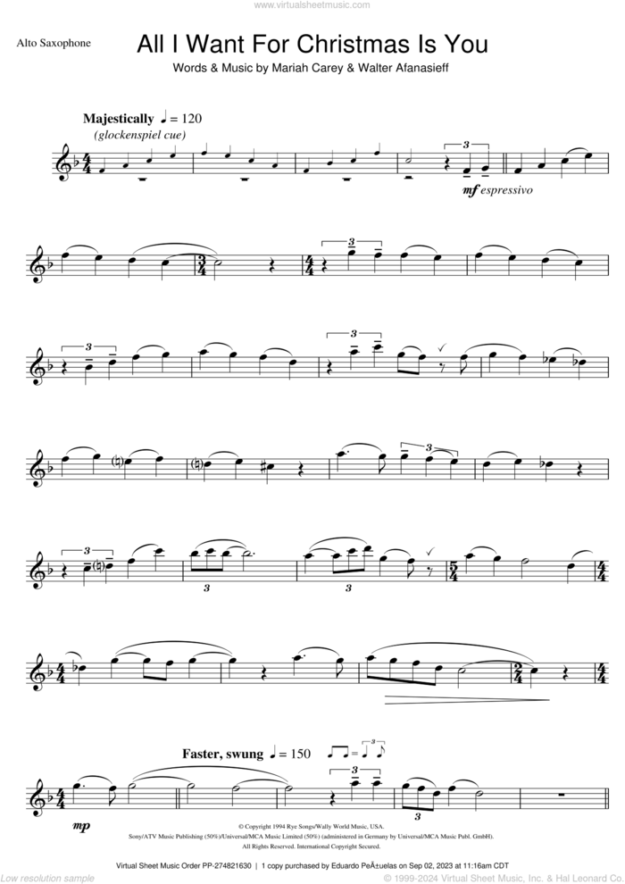 All I Want For Christmas Is You sheet music for alto saxophone solo by Mariah Carey and Walter Afanasieff, intermediate skill level