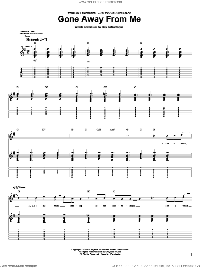 Gone Away From Me sheet music for guitar (tablature) by Ray LaMontagne, intermediate skill level