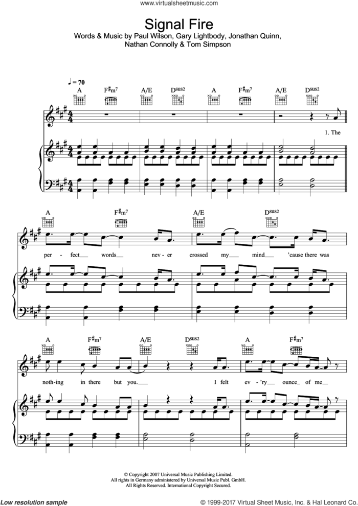 Signal Fire sheet music for voice, piano or guitar by Snow Patrol, Gary Lightbody, Jonathan Quinn, Nathan Connolly, Paul Wilson and Tom Simpson, intermediate skill level