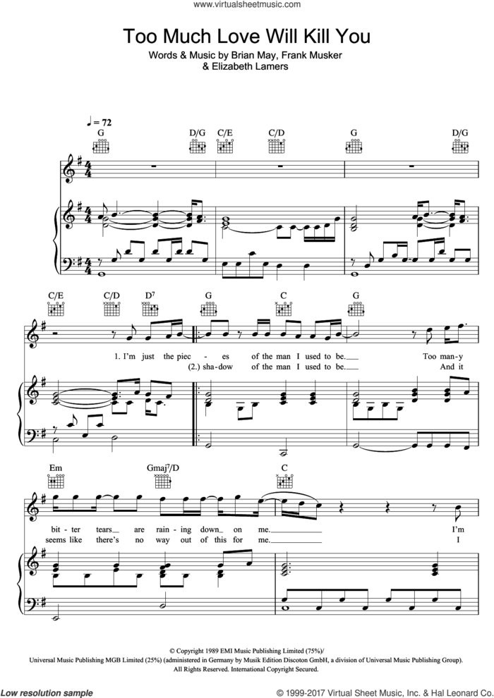 Too Much Love Will Kill You sheet music for voice, piano or guitar by Queen, Brian May, Elizabeth Lamers and Frank Musker, intermediate skill level