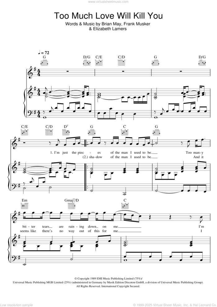 Too Much Love Will Kill You sheet music for voice, piano or guitar by Queen, Brian May, Elizabeth Lamers and Frank Musker, intermediate skill level