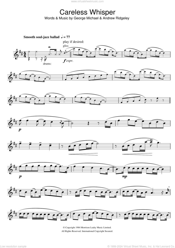 Careless Whisper sheet music for alto saxophone solo by George Michael and Andrew Ridgeley, intermediate skill level