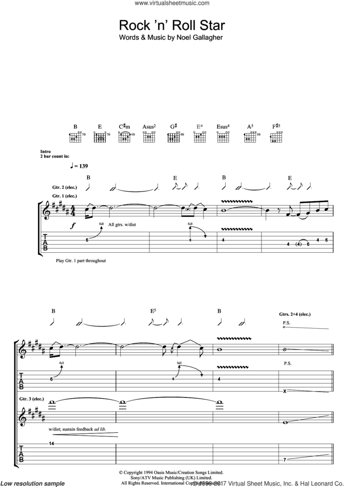 Rock 'n' Roll Star sheet music for guitar (tablature) by Oasis and Noel Gallagher, intermediate skill level