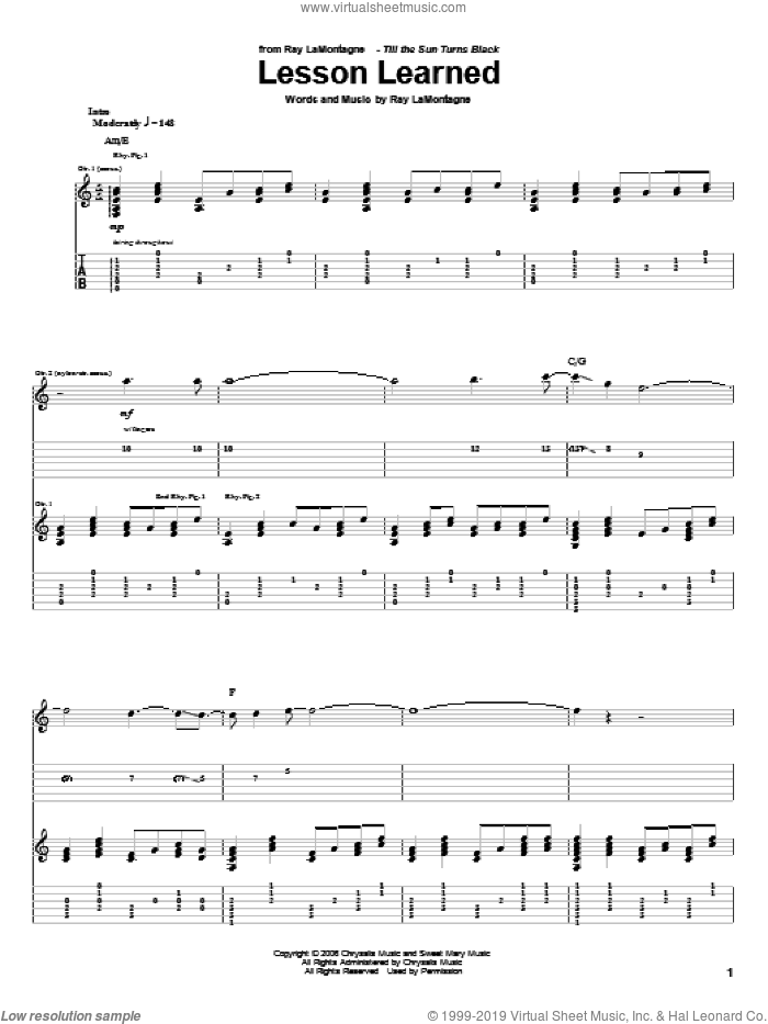 Lesson Learned sheet music for guitar (tablature) by Ray LaMontagne, intermediate skill level