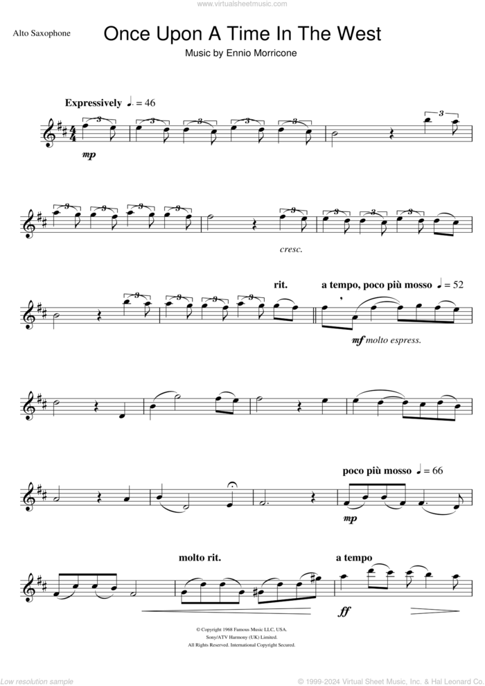 Once Upon A Time In The West (Theme) sheet music for alto saxophone solo by Ennio Morricone, intermediate skill level