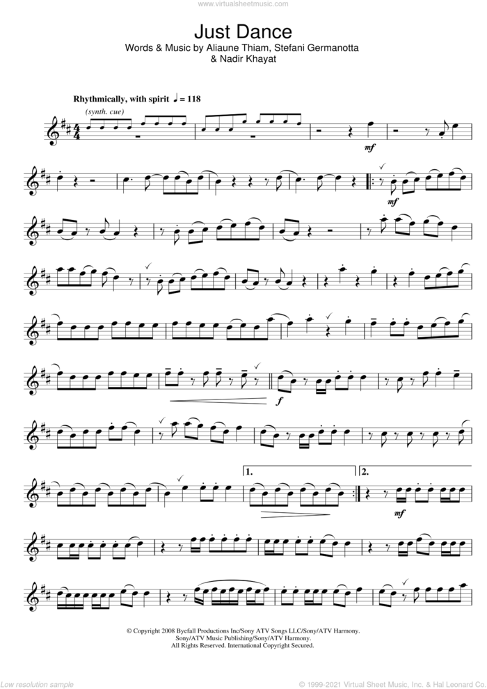 Just Dance sheet music for alto saxophone solo by Lady Gaga, Aliaune Thiam and Nadir Khayat, intermediate skill level