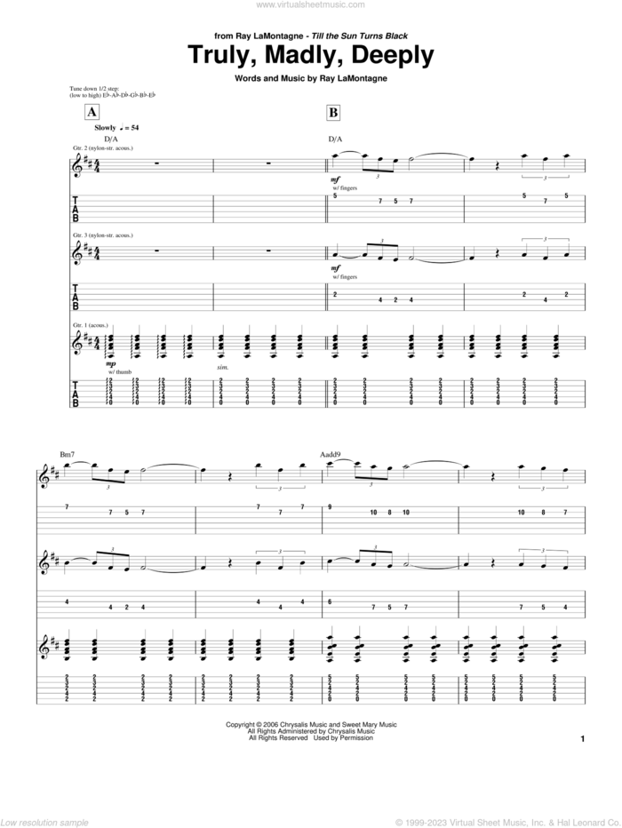 Truly, Madly, Deeply sheet music for guitar (tablature) by Ray LaMontagne, intermediate skill level