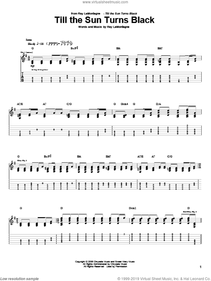 Till The Sun Turns Black sheet music for guitar (tablature) by Ray LaMontagne, intermediate skill level