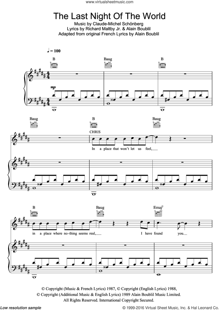 The Last Night Of The World (from Miss Saigon) sheet music for voice, piano or guitar by Claude-Michel Schonberg, Alain Boublil and Richard Maltby, Jr., intermediate skill level