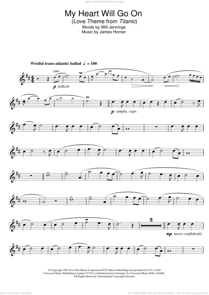 My Heart Will Go On (Love Theme from Titanic) sheet music for alto saxophone solo by Celine Dion, James Horner and Will Jennings, wedding score, intermediate skill level