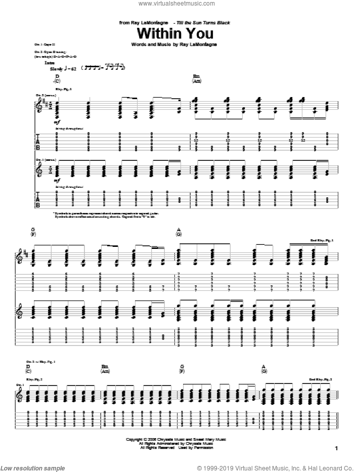 Within You sheet music for guitar (tablature) by Ray LaMontagne, intermediate skill level