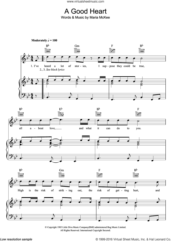 A Good Heart sheet music for voice, piano or guitar by Feargal Sharkey and Maria McKee, intermediate skill level