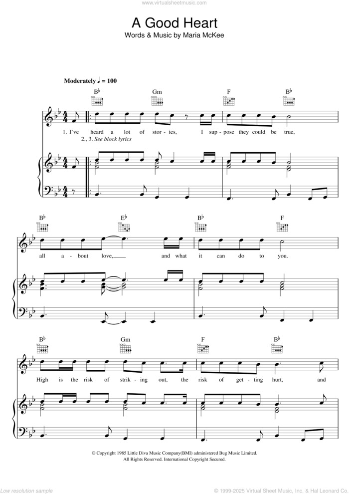 A Good Heart sheet music for voice, piano or guitar by Feargal Sharkey and Maria McKee, intermediate skill level