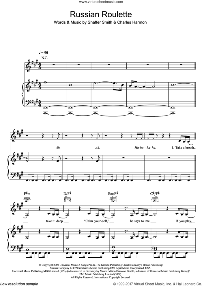 Russian Roulette sheet music for voice, piano or guitar by Rihanna, Charles Harmon and Shaffer Smith, intermediate skill level