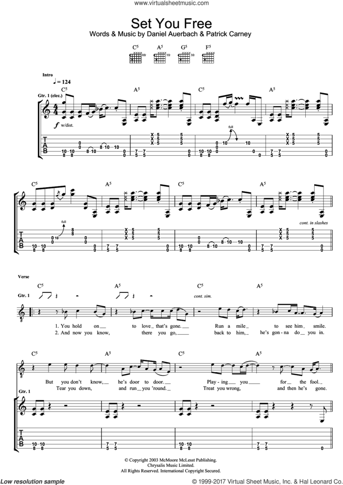 Set You Free sheet music for guitar (tablature) by The Black Keys, Daniel Auerbach and Patrick Carney, intermediate skill level