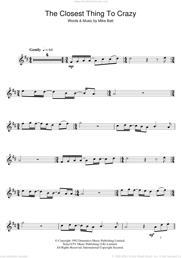 The Closest Thing To Crazy sheet music for alto saxophone solo by Katie Melua and Mike Batt, intermediate skill level