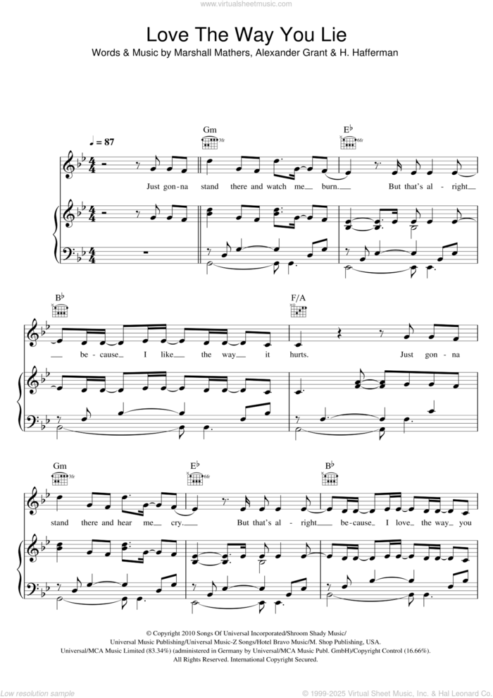 Love The Way You Lie (featuring Rihanna) sheet music for voice, piano or guitar by Eminem, Rihanna, Alexander Grant, H. Hafferman and Marshall Mathers, intermediate skill level