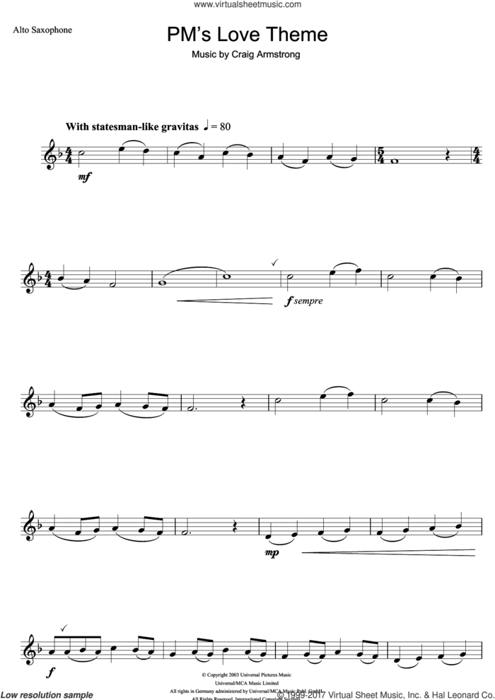 P.M.'s Love Theme (from Love Actually) sheet music for alto saxophone solo by Craig Armstrong, intermediate skill level