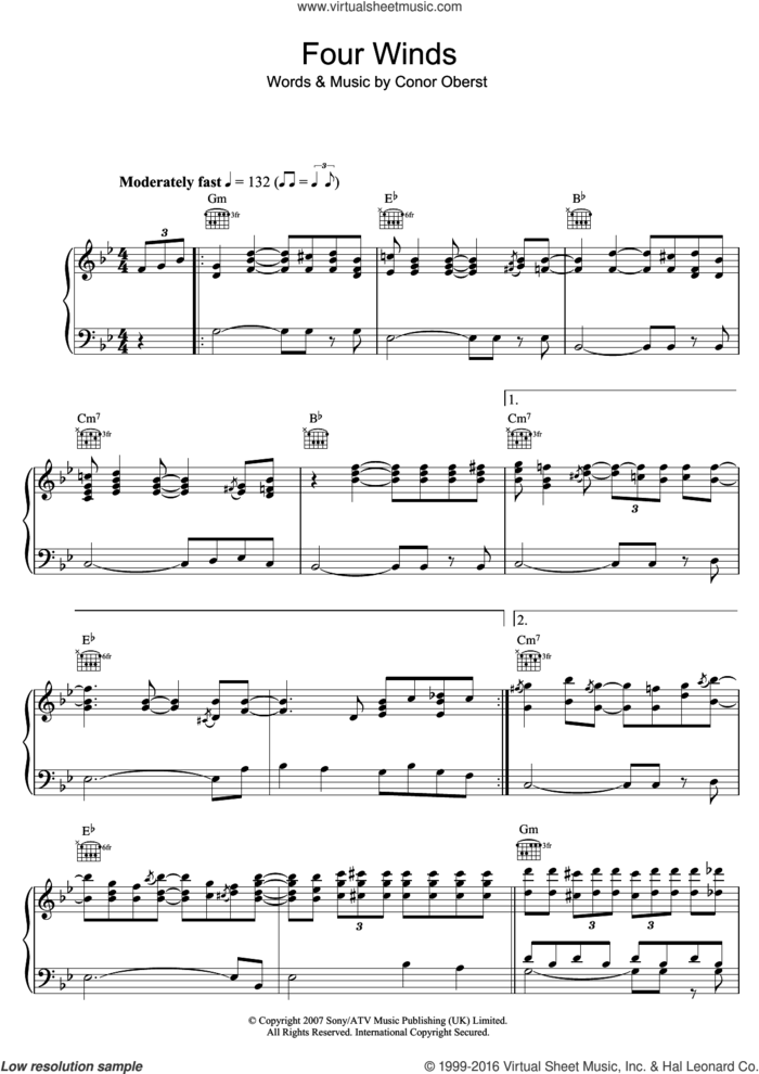 Four Winds sheet music for voice, piano or guitar by Bright Eyes and Conor Oberst, intermediate skill level