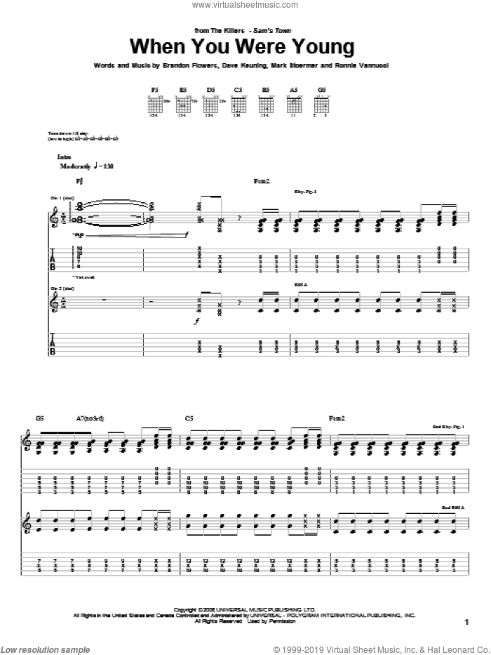 When You Were Young sheet music for guitar (tablature) by The Killers, Brandon Flowers, Dave Keuning, Mark Stoermer and Ronnie Vannucci, intermediate skill level