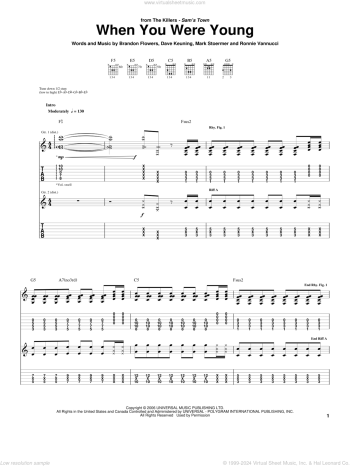 When You Were Young sheet music for guitar (tablature) by The Killers, Brandon Flowers, Dave Keuning, Mark Stoermer and Ronnie Vannucci, intermediate skill level