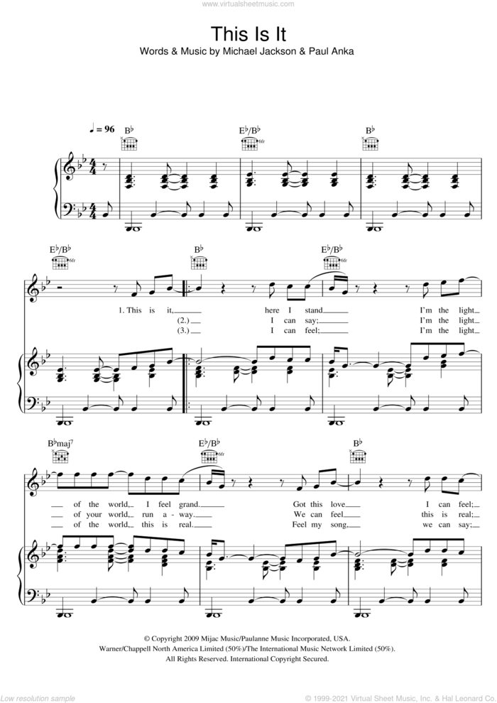 This Is It sheet music for voice, piano or guitar by Michael Jackson and Paul Anka, intermediate skill level