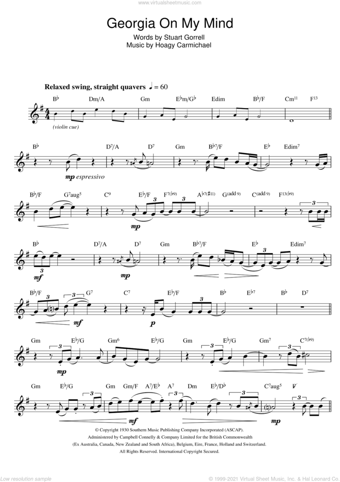 Georgia On My Mind sheet music for alto saxophone solo by Hoagy Carmichael and Stuart Gorrell, intermediate skill level