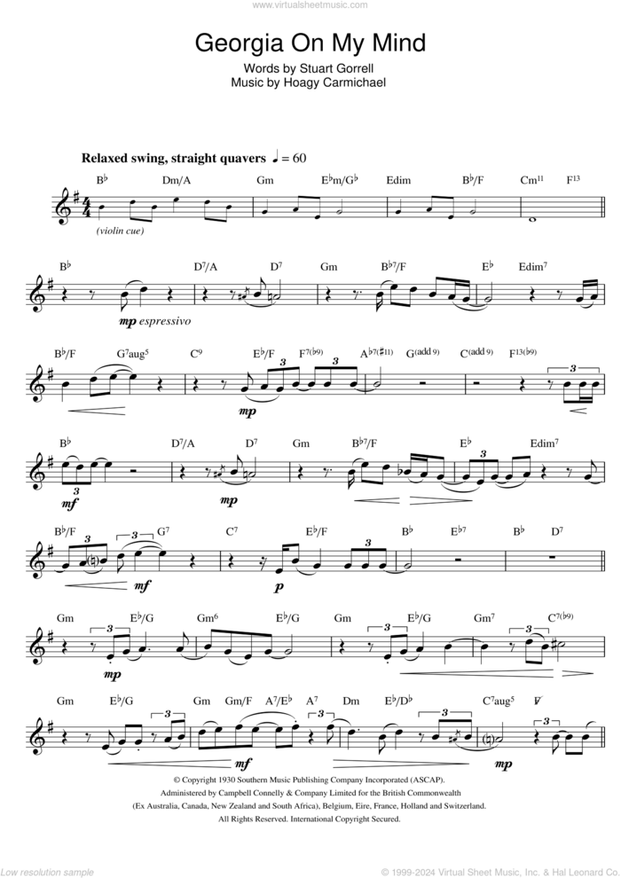 Georgia On My Mind sheet music for alto saxophone solo by Hoagy Carmichael and Stuart Gorrell, intermediate skill level