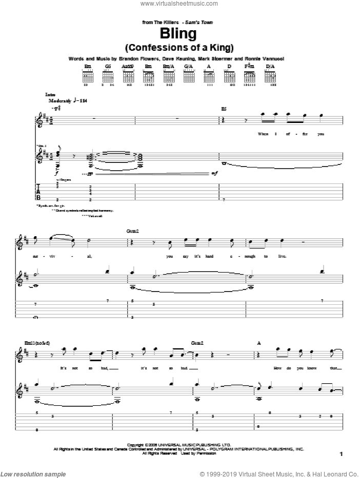 Bling (Confessions Of A King) sheet music for guitar (tablature) by The Killers, Brandon Flowers, Dave Keuning, Mark Stoermer and Ronnie Vannucci, intermediate skill level