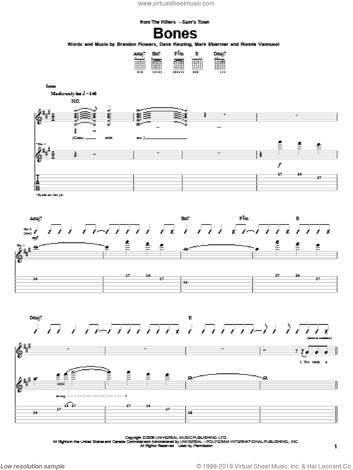 Bones sheet music for guitar (tablature) by The Killers, Brandon Flowers, Dave Keuning, Mark Stoermer and Ronnie Vannucci, intermediate skill level