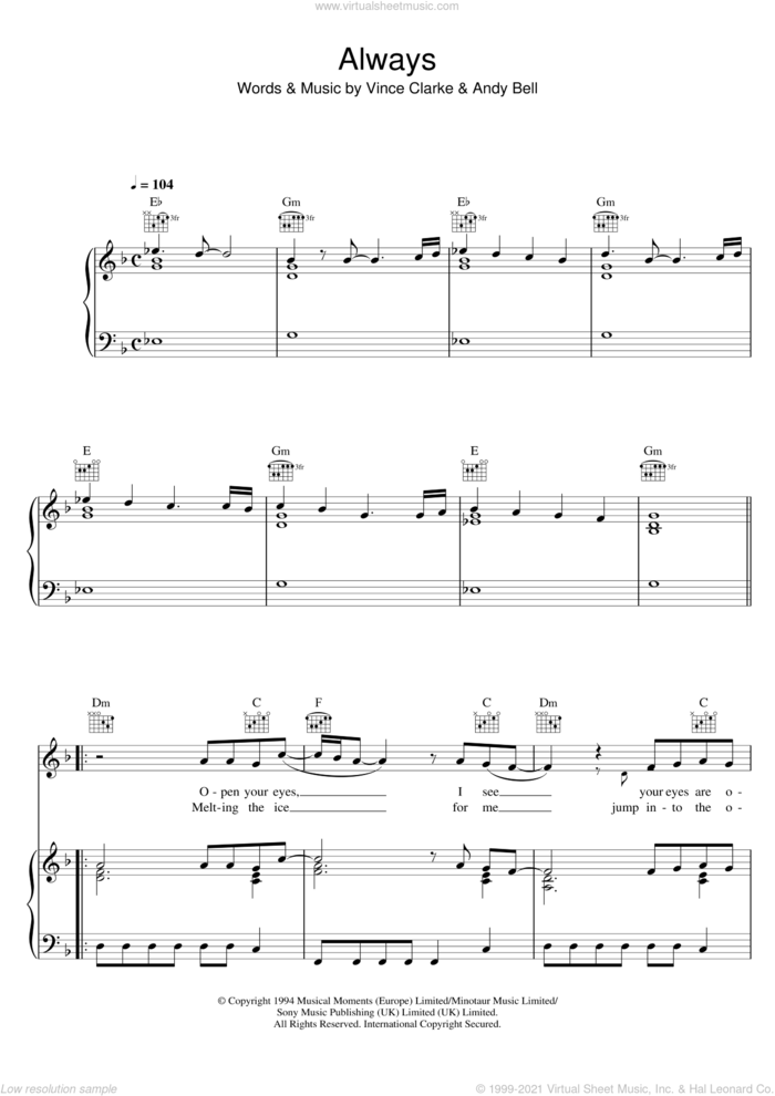 Always sheet music for voice, piano or guitar by Erasure, Andy Bell and Vince Clarke, intermediate skill level