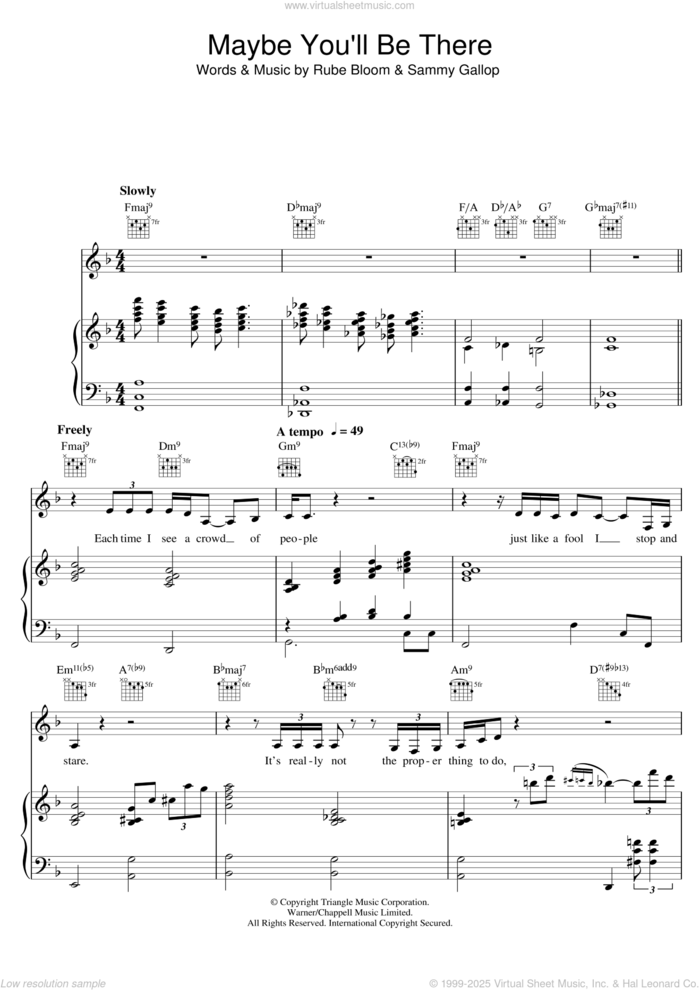 Maybe You'll Be There sheet music for voice, piano or guitar by Diana Krall, Rube Bloom and Sammy Gallop, intermediate skill level