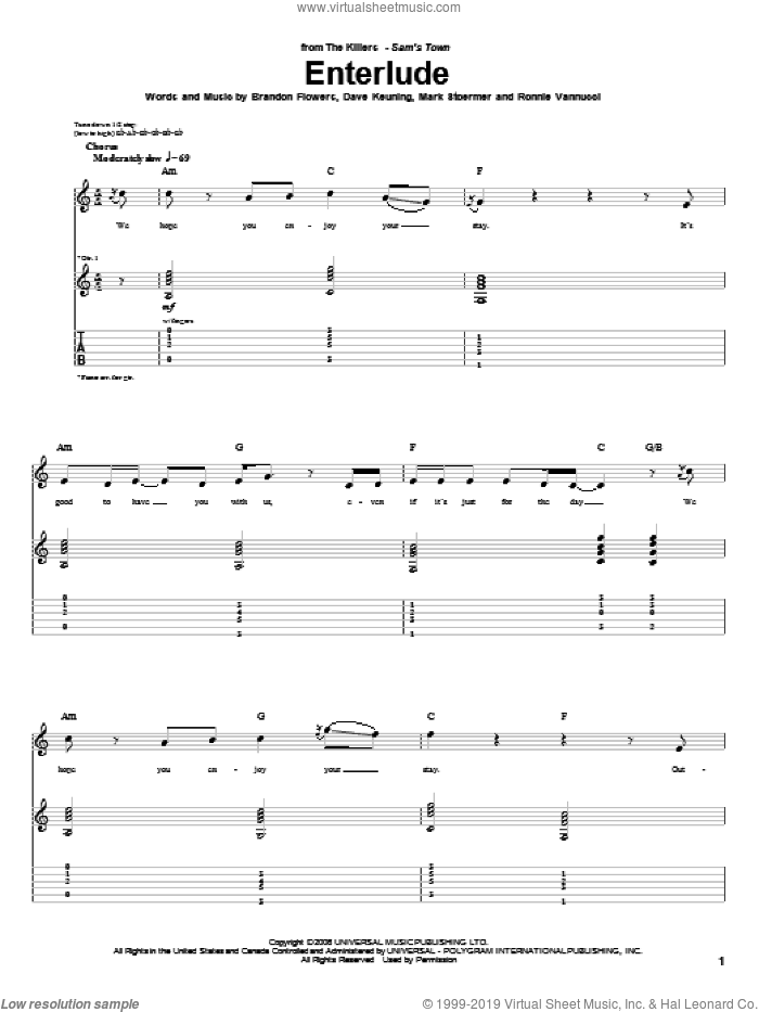 Enterlude sheet music for guitar (tablature) by The Killers, Brandon Flowers, Dave Keuning, Mark Stoermer and Ronnie Vannucci, intermediate skill level
