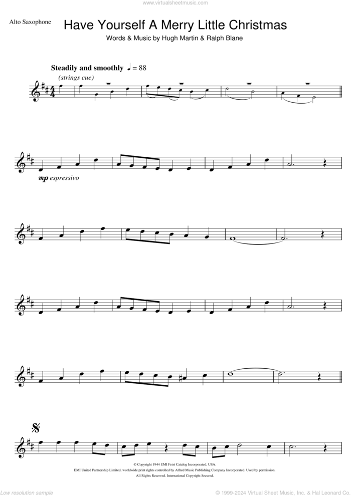 Have Yourself A Merry Little Christmas sheet music for alto saxophone solo by Frank Sinatra, Hugh Martin and Ralph Blane, intermediate skill level