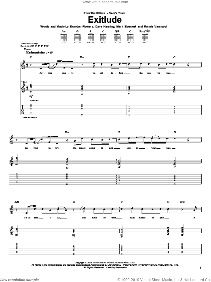 Exitlude sheet music for guitar (tablature) by The Killers, Brandon Flowers, Dave Keuning, Mark Stoermer and Ronnie Vannucci, intermediate skill level