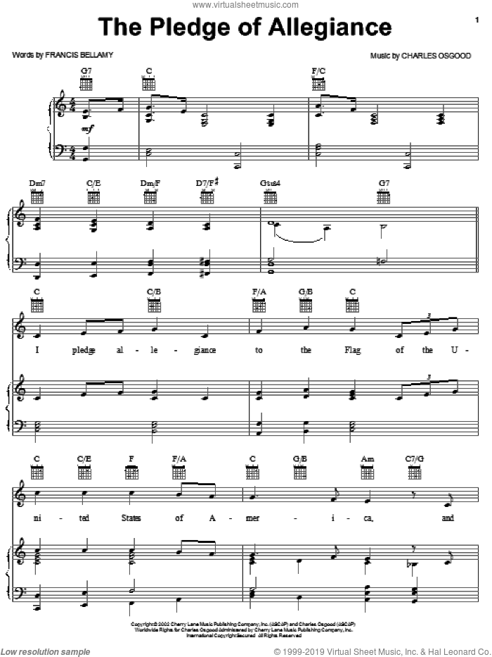 The Pledge Of Allegiance sheet music for voice, piano or guitar by Charles Osgood and Francis Bellamy, intermediate skill level