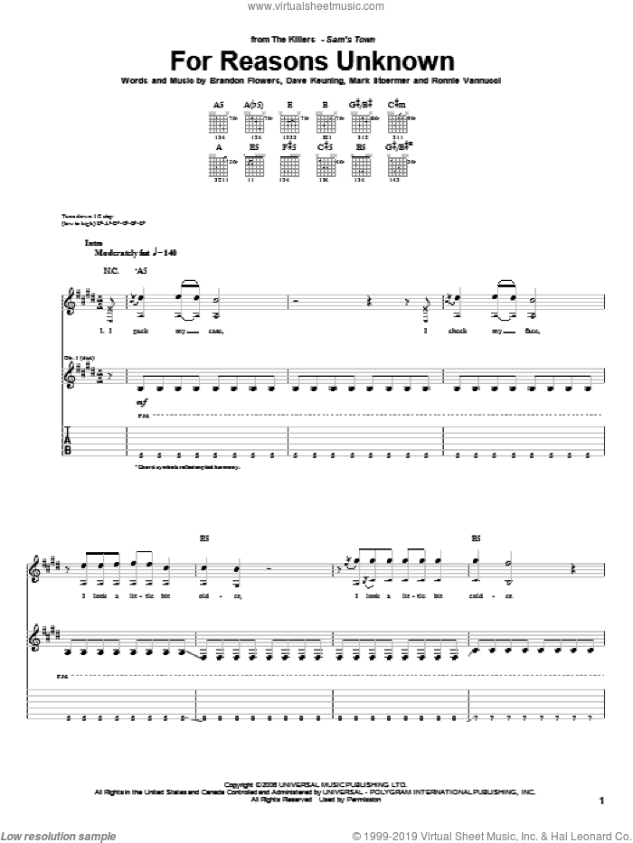For Reasons Unknown sheet music for guitar (tablature) by The Killers, Brandon Flowers, Dave Keuning, Mark Stoermer and Ronnie Vannucci, intermediate skill level