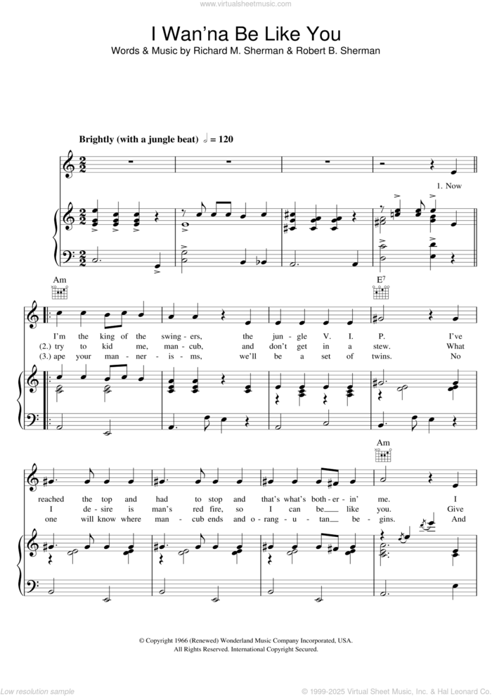 I Wan'na Be Like You (from The Jungle Book) sheet music for voice, piano or guitar by Louis Prima, Richard M. Sherman and Robert B. Sherman, intermediate skill level