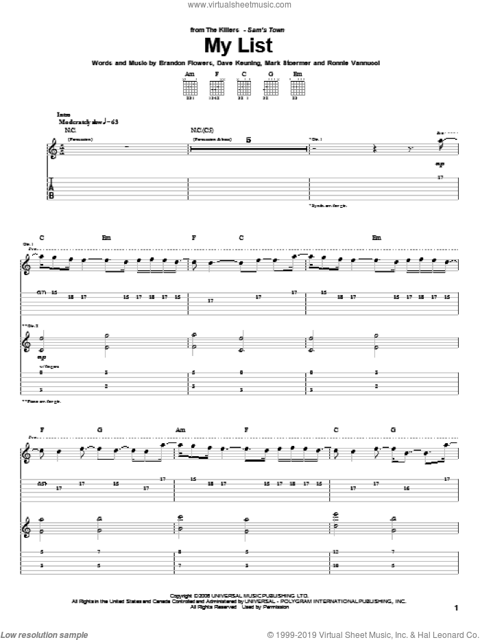 My List sheet music for guitar (tablature) by The Killers, Brandon Flowers, Dave Keuning, Mark Stoermer and Ronnie Vannucci, intermediate skill level