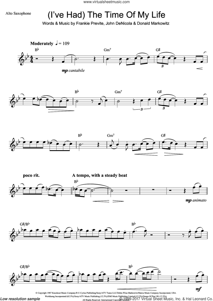 (I've Had) The Time Of My Life sheet music for alto saxophone solo by Bill Medley, Jennifer Warnes, Donald Markowitz, Frankie Previte and John DeNicola, intermediate skill level
