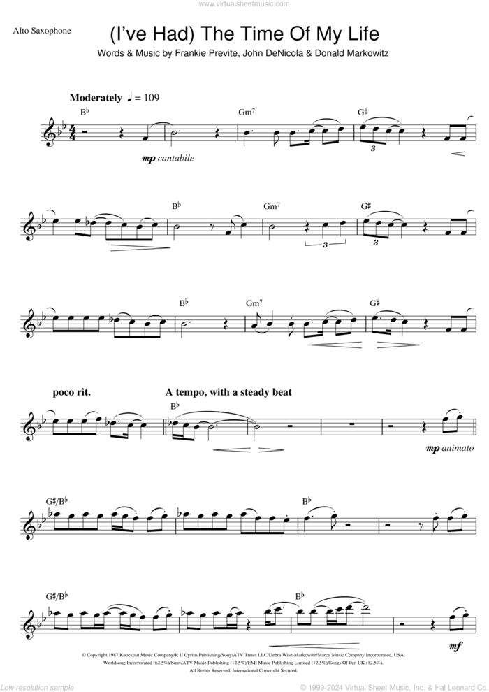 (I've Had) The Time Of My Life sheet music for alto saxophone solo by Bill Medley, Jennifer Warnes, Donald Markowitz, Frankie Previte and John DeNicola, intermediate skill level