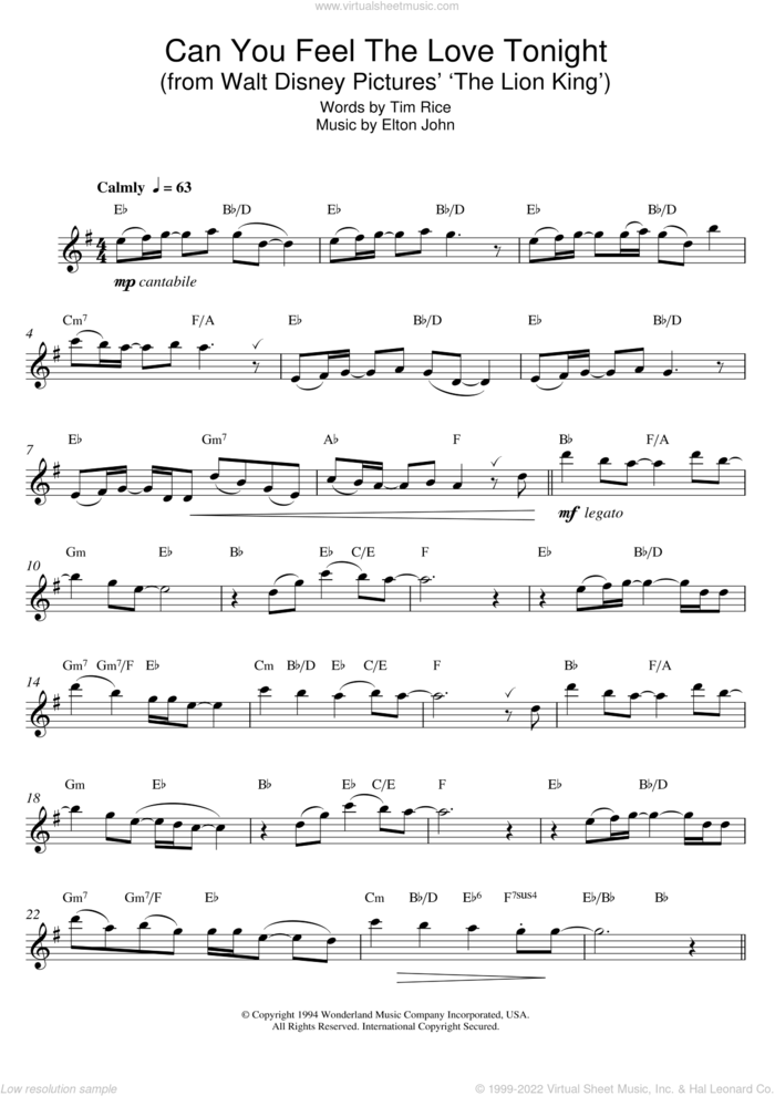 Can You Feel The Love Tonight (from The Lion King) sheet music for alto saxophone solo by Elton John and Tim Rice, wedding score, intermediate skill level