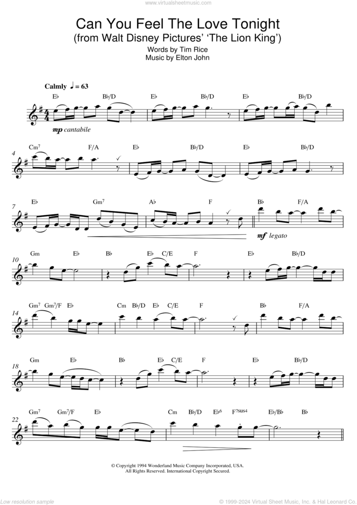 Can You Feel The Love Tonight (from The Lion King) sheet music for alto saxophone solo by Elton John and Tim Rice, wedding score, intermediate skill level