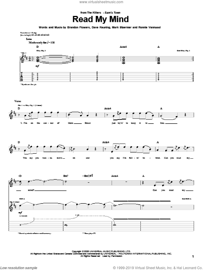 Read My Mind sheet music for guitar (tablature) by The Killers, Brandon Flowers, Dave Keuning, Mark Stoermer and Ronnie Vannucci, intermediate skill level