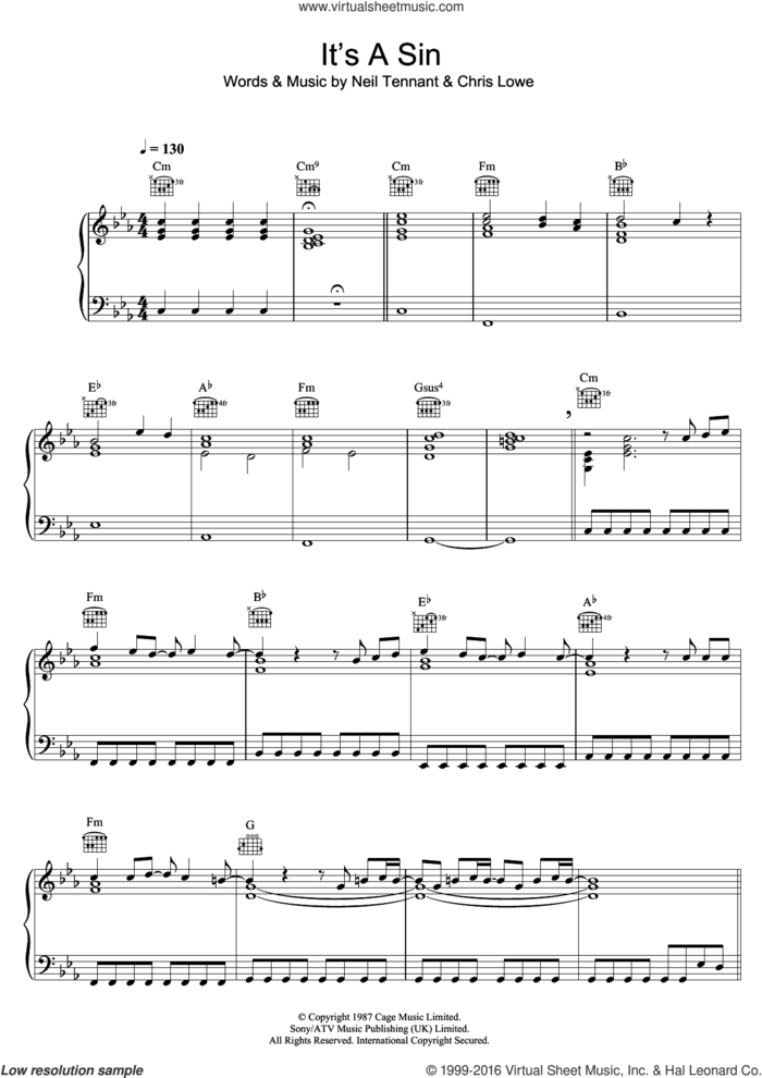 It's A Sin sheet music for voice, piano or guitar by Pet Shop Boys, Chris Lowe and Neil Tennant, intermediate skill level