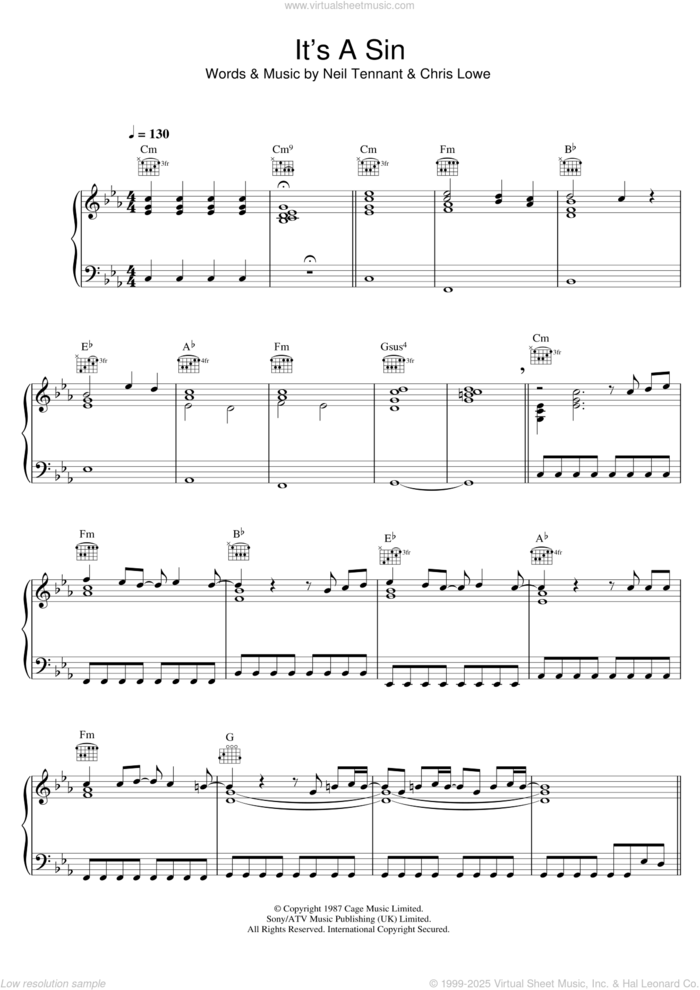 It's A Sin sheet music for voice, piano or guitar by Pet Shop Boys, Chris Lowe and Neil Tennant, intermediate skill level